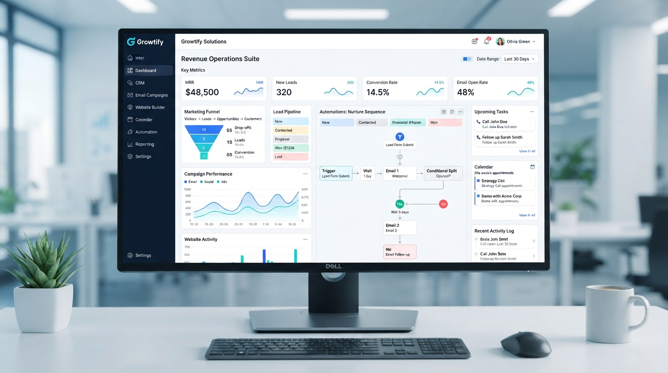 Dashboard completo da plataforma High Level mostrando todas as funcionalidades integradas