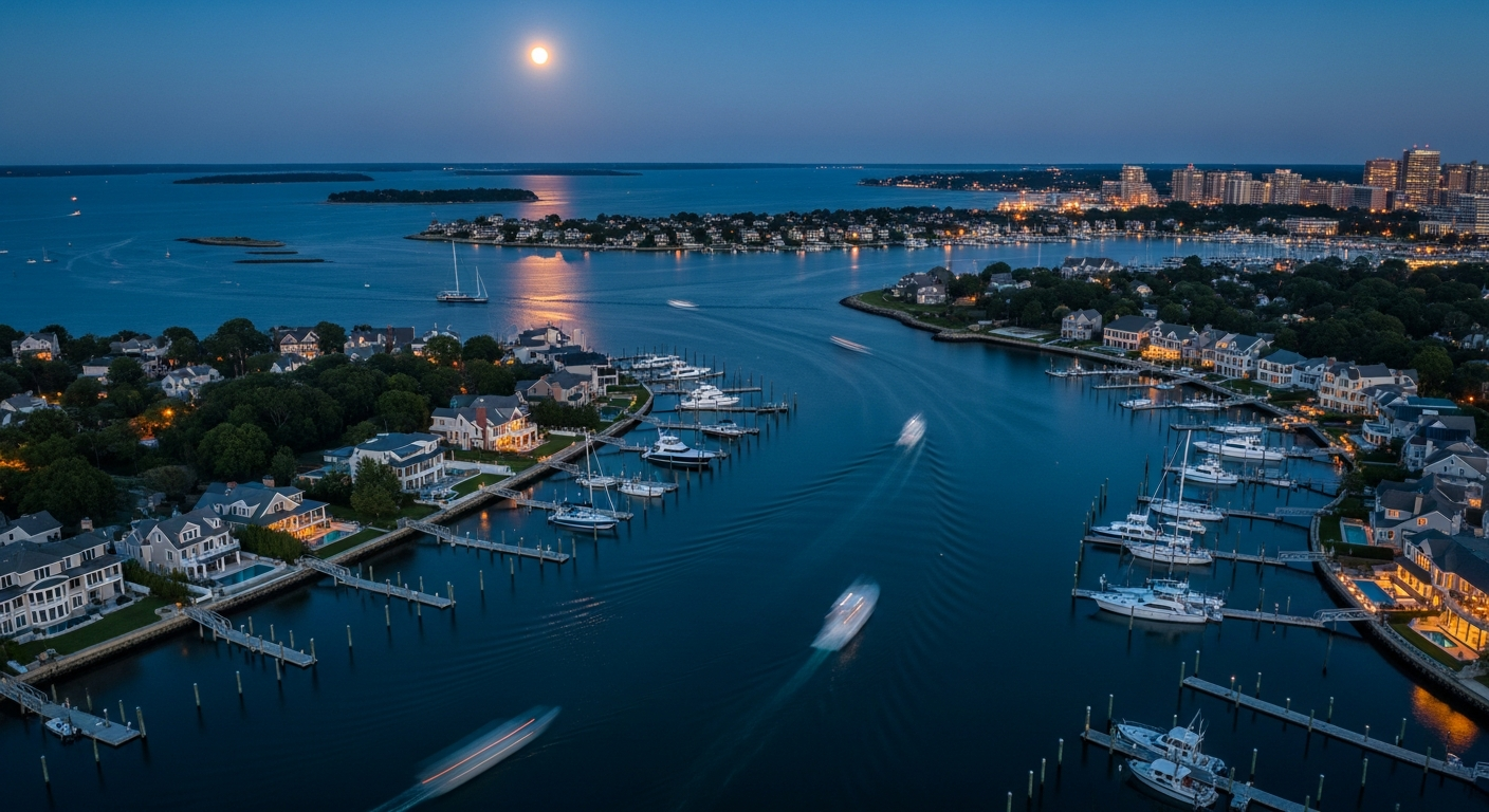 Refined drone aerial of a prestigious coastal residential neighborhood at blue hour