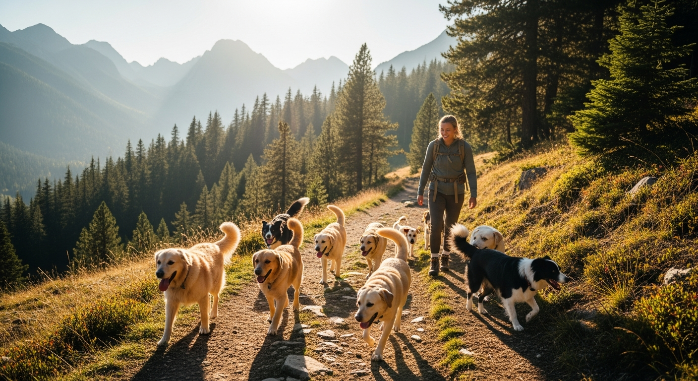 Dogs hiking on a beautiful mountain trail
