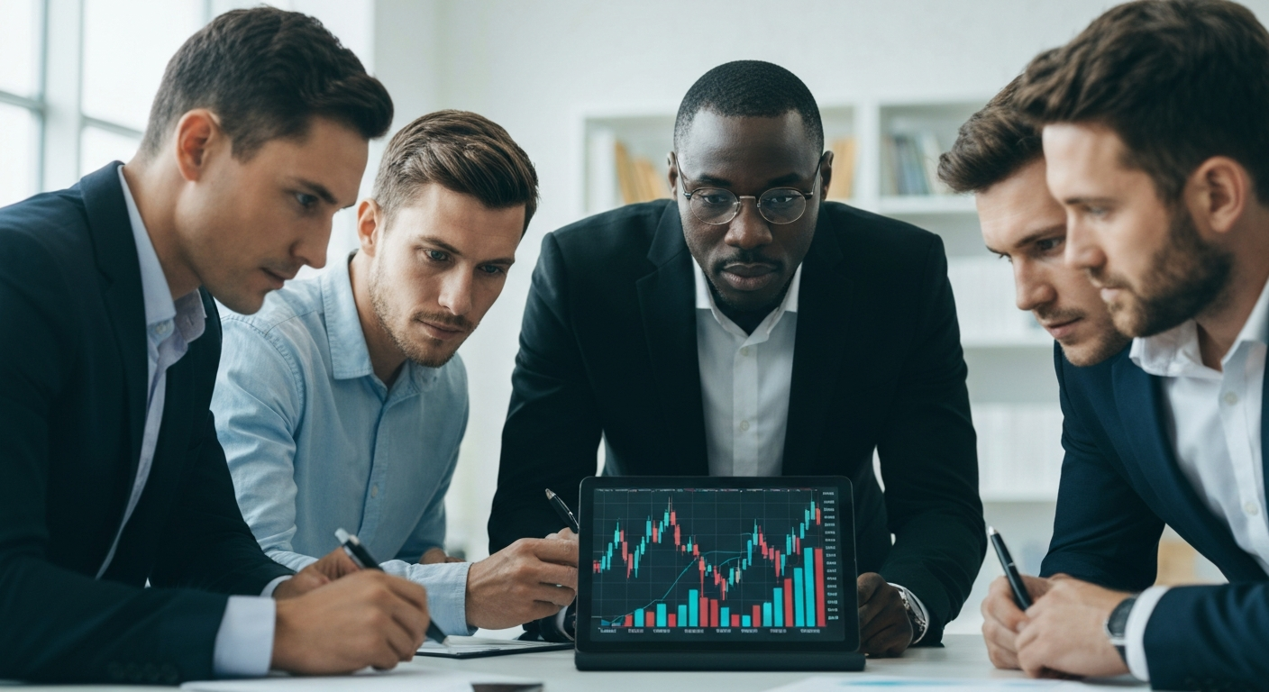 Diverse group of men discussing investments