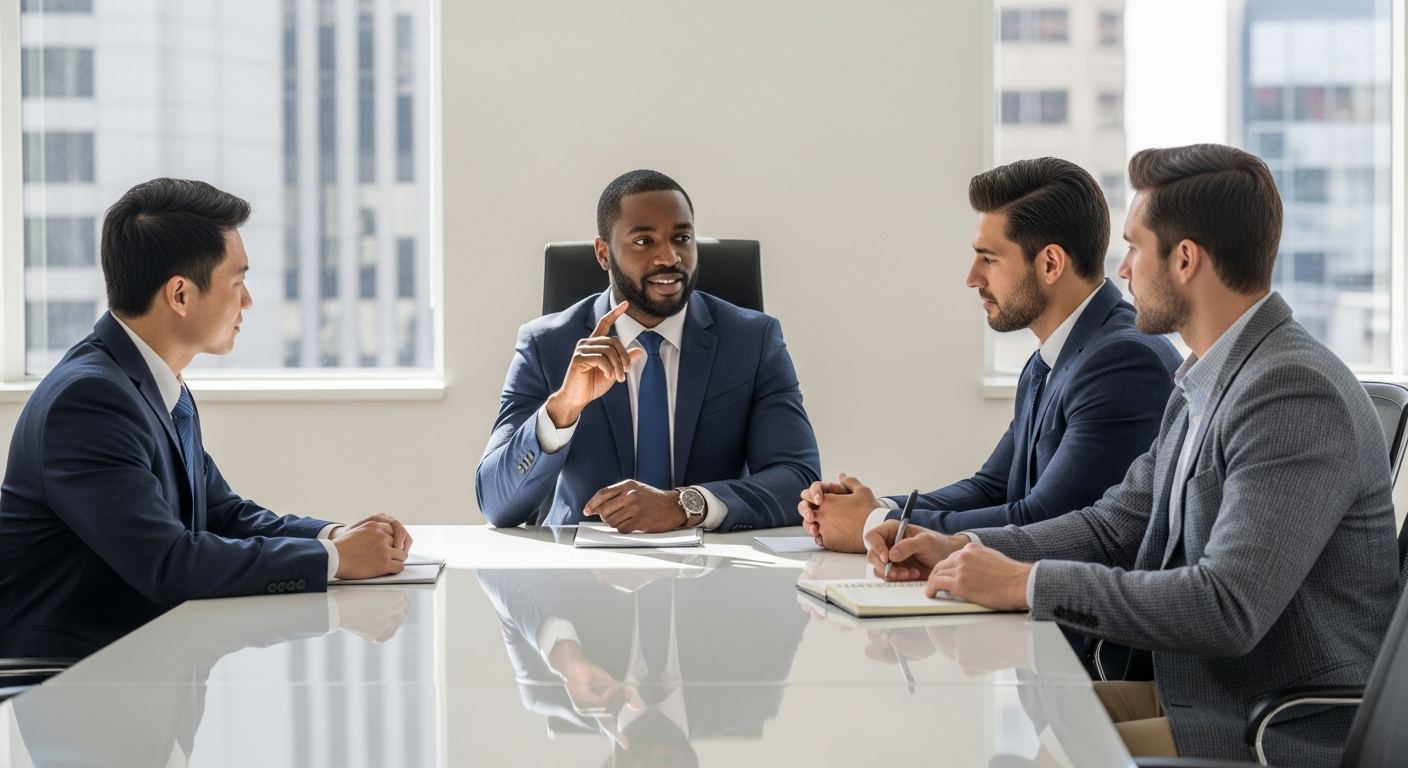 Diverse group of professionals led by an African American male in a business meeting
