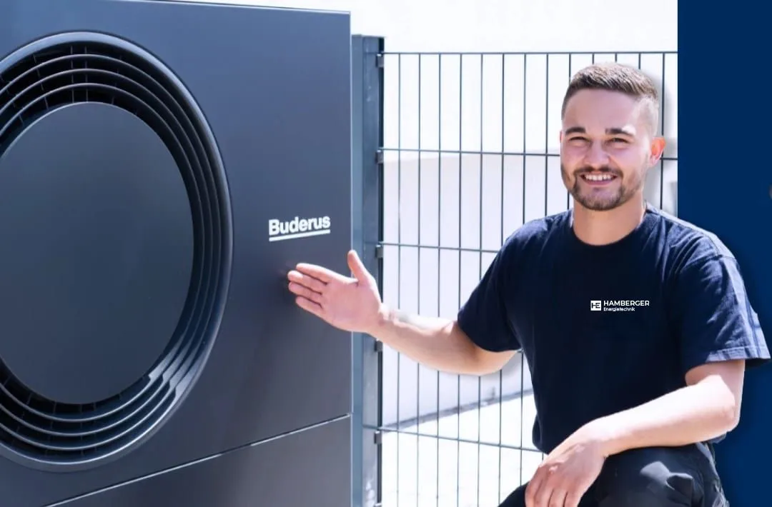 Paul Hamberger, SHK-Meister in Wettenberg, präsentiert eine moderne und energieeffiziente Buderus Wärmepumpe