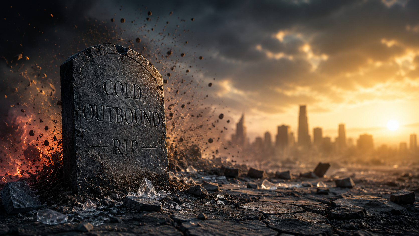Cold Outbound is Dead – tombstone in a dramatic post-apocalyptic landscape