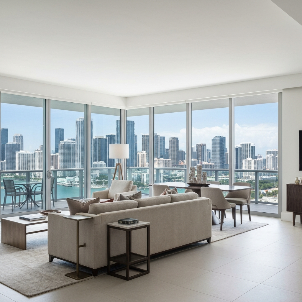 Interior de apartamento nuevo de lujo con vista al skyline de Brickell Miami