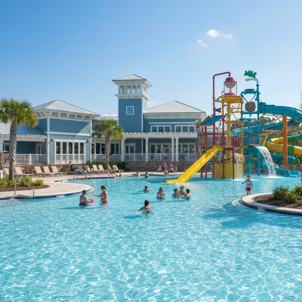 Clubhouse con parque acuático en comunidad vacacional en Kissimmee