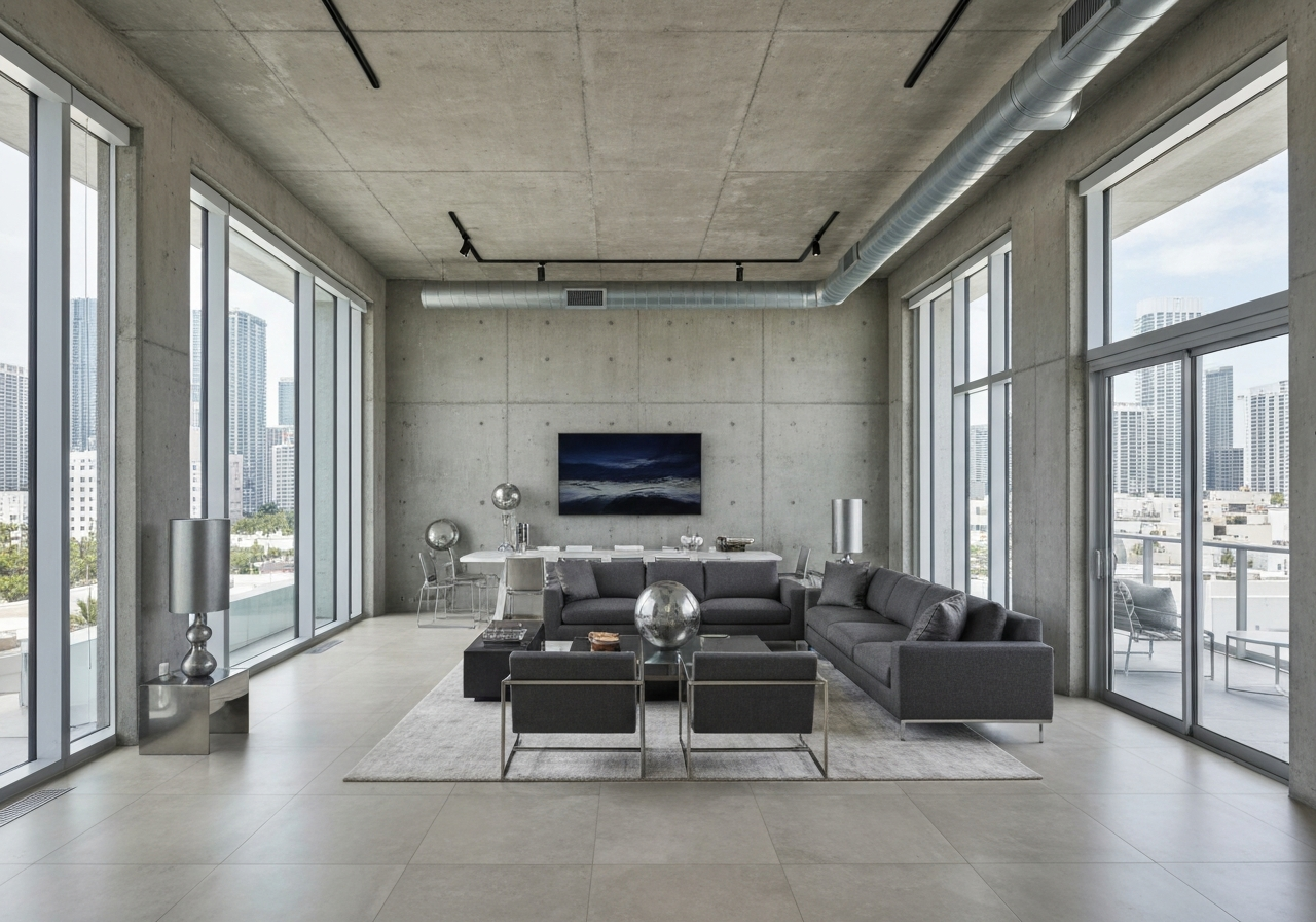 Interior de apartamento nuevo de lujo en Wynwood Miami con diseño industrial
