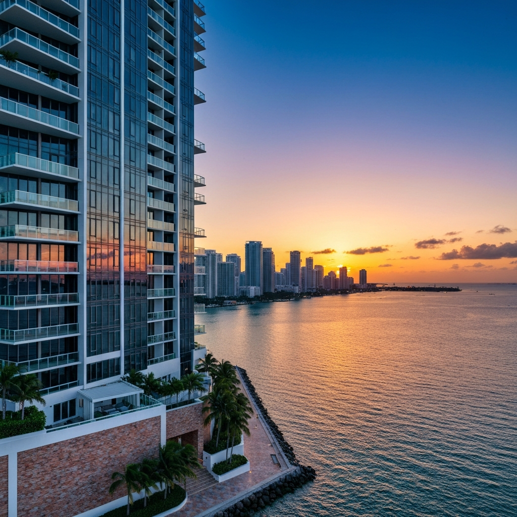 Apartamentos nuevos en Brickell Miami - skyline de rascacielos de lujo al atardecer