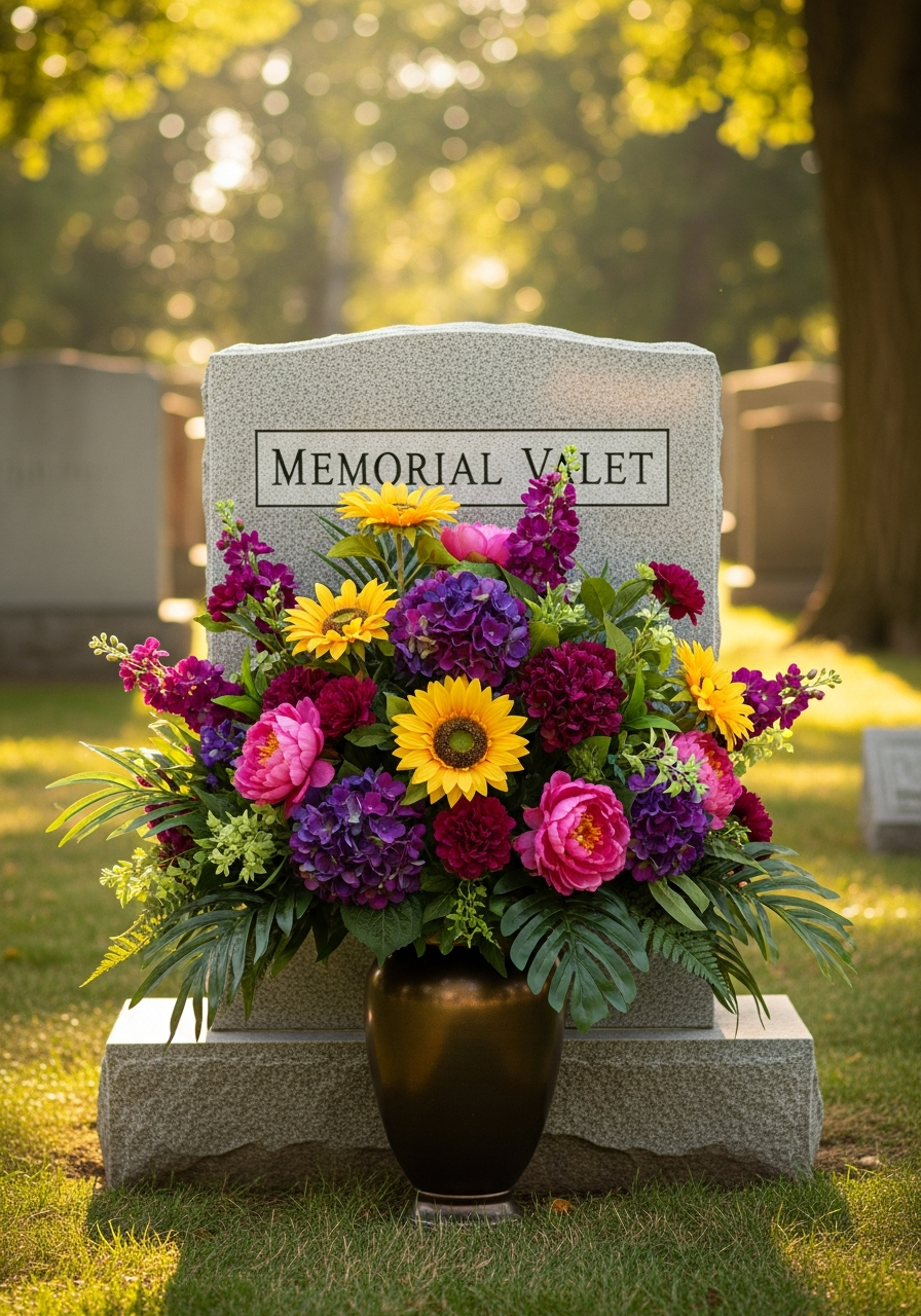 Large summer premium silk flower arrangement in a dark vase on a pristine gravestone with Memorial Valet engraving
