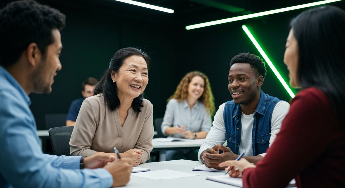 Adult learners actively discussing in a modern classroom