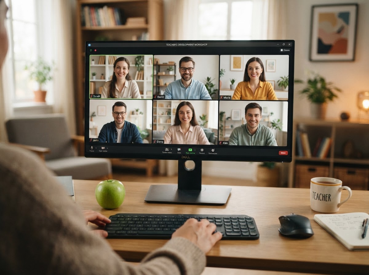 Group of English teachers in an online videoconferencing session with a green apple on the moderator's desk
