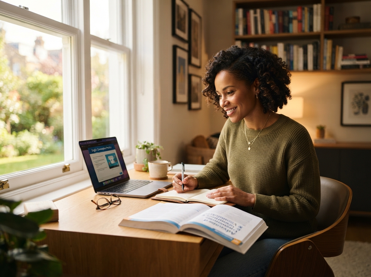 Confident adult English learner in a modern study environment