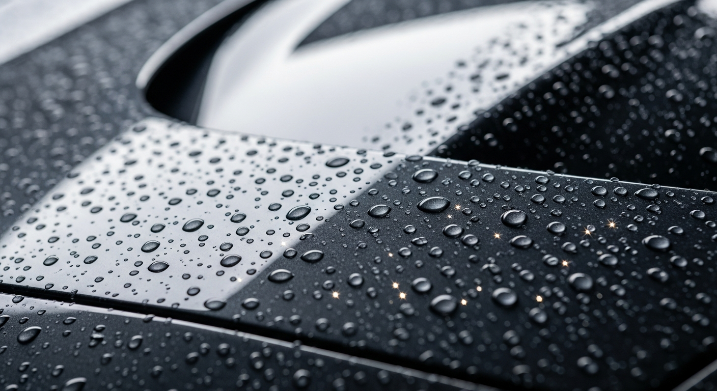 Macro close-up of water beading off XPEL paint protection film on a dark luxury car hood