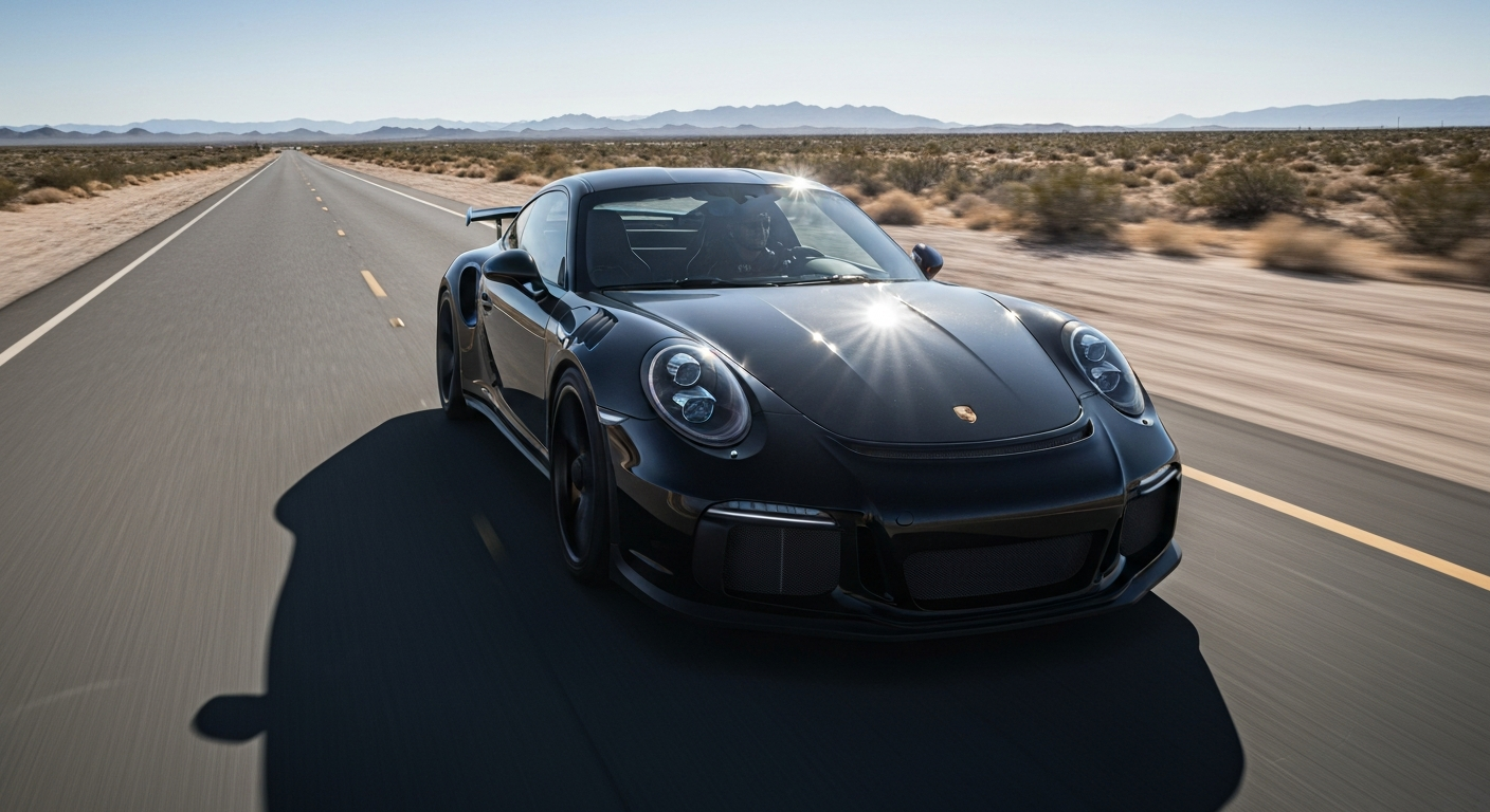 Black Porsche driving in Arizona desert
