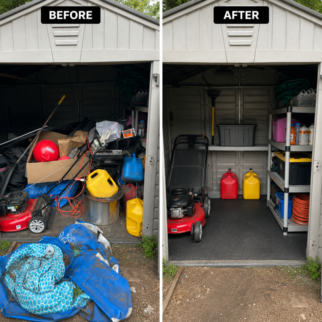 Shed cleanout before and after in Farmingville NY