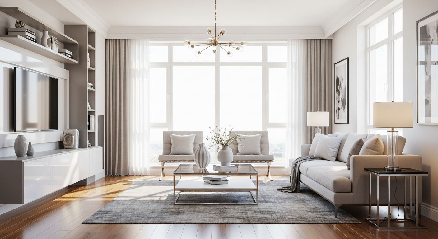Beautifully clean and organized modern living room