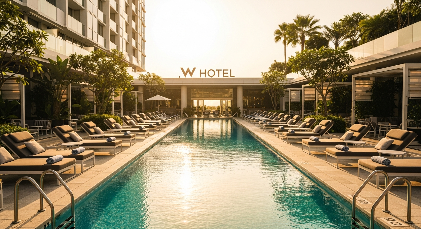 Luxury hotel pool lined with lounge chairs