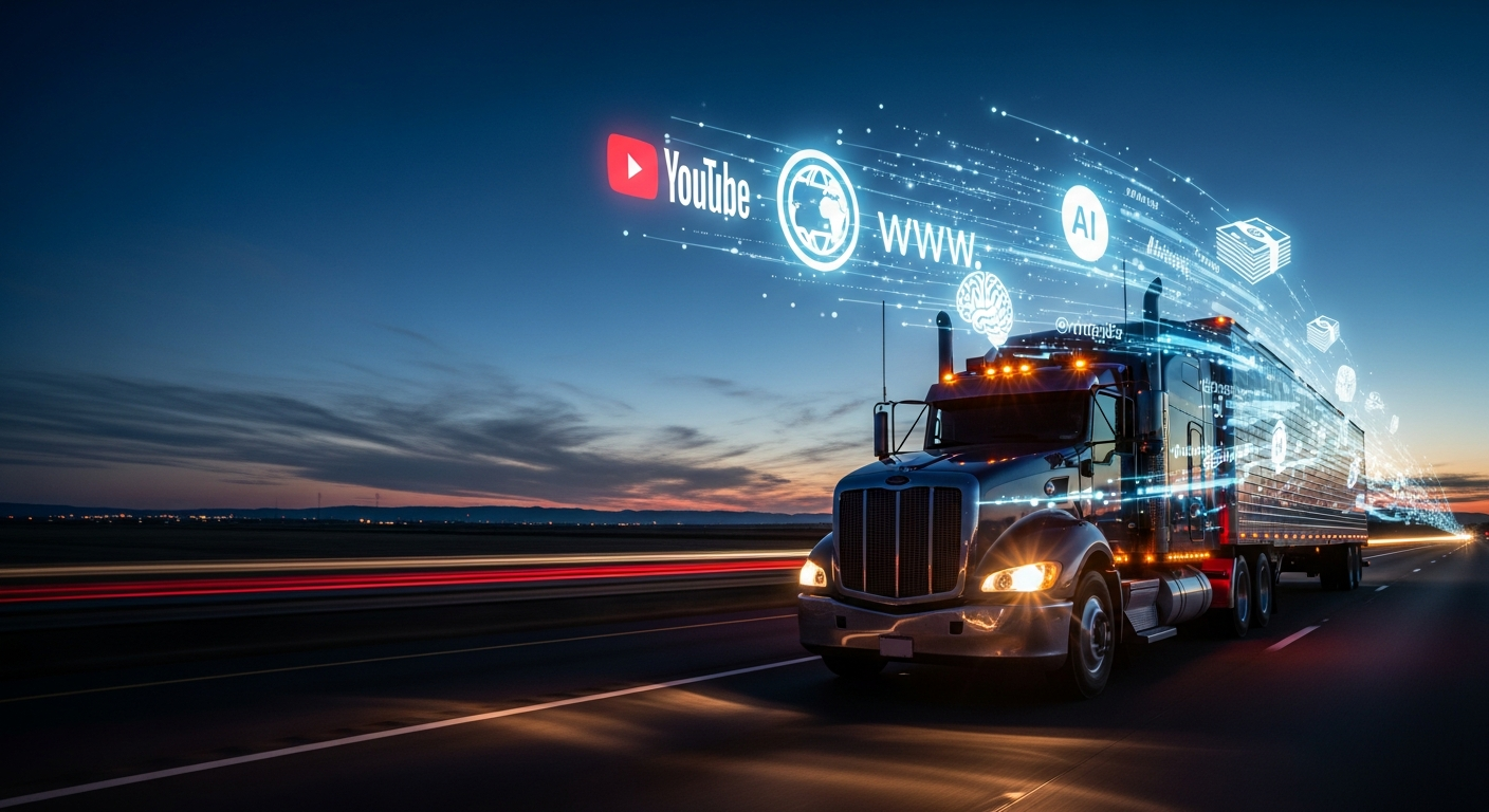 Semi-truck on open highway at dusk