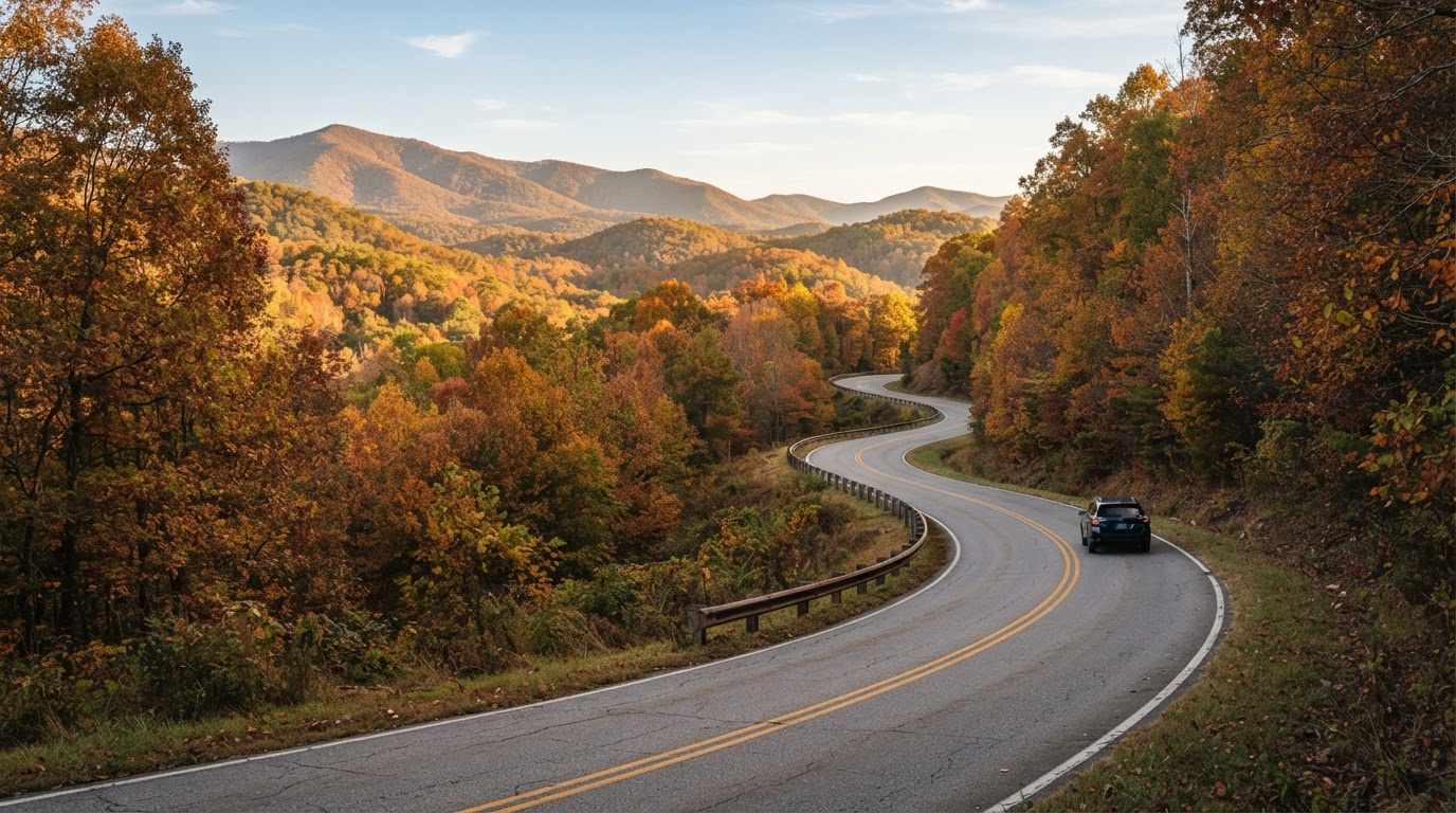 Scenic autumn drive through the North Georgia foothills with amber fall foliage