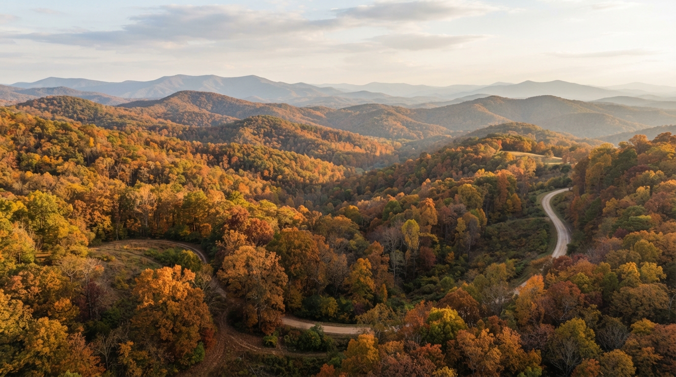 Autumn foliage in the Georgia foothills with warm amber and rust tones