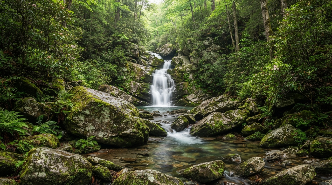 North Georgia waterfall cascading over mossy granite rocks in a lush forested gorge
