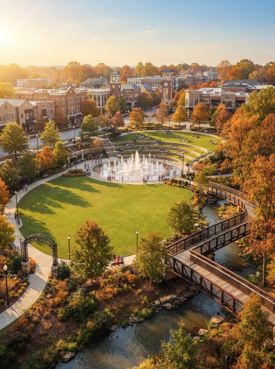 Modern Suwanee Georgia town center park with an interactive splash fountain, amphitheater lawn and pedestrian bridge in autumn