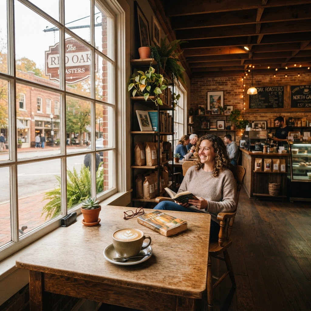 Cozy North Georgia coffee shop interior with warm wood tones