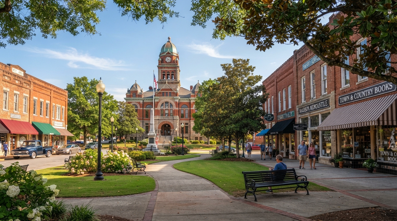 Charming small-town Georgia downtown square with historic courthouse and brick storefronts