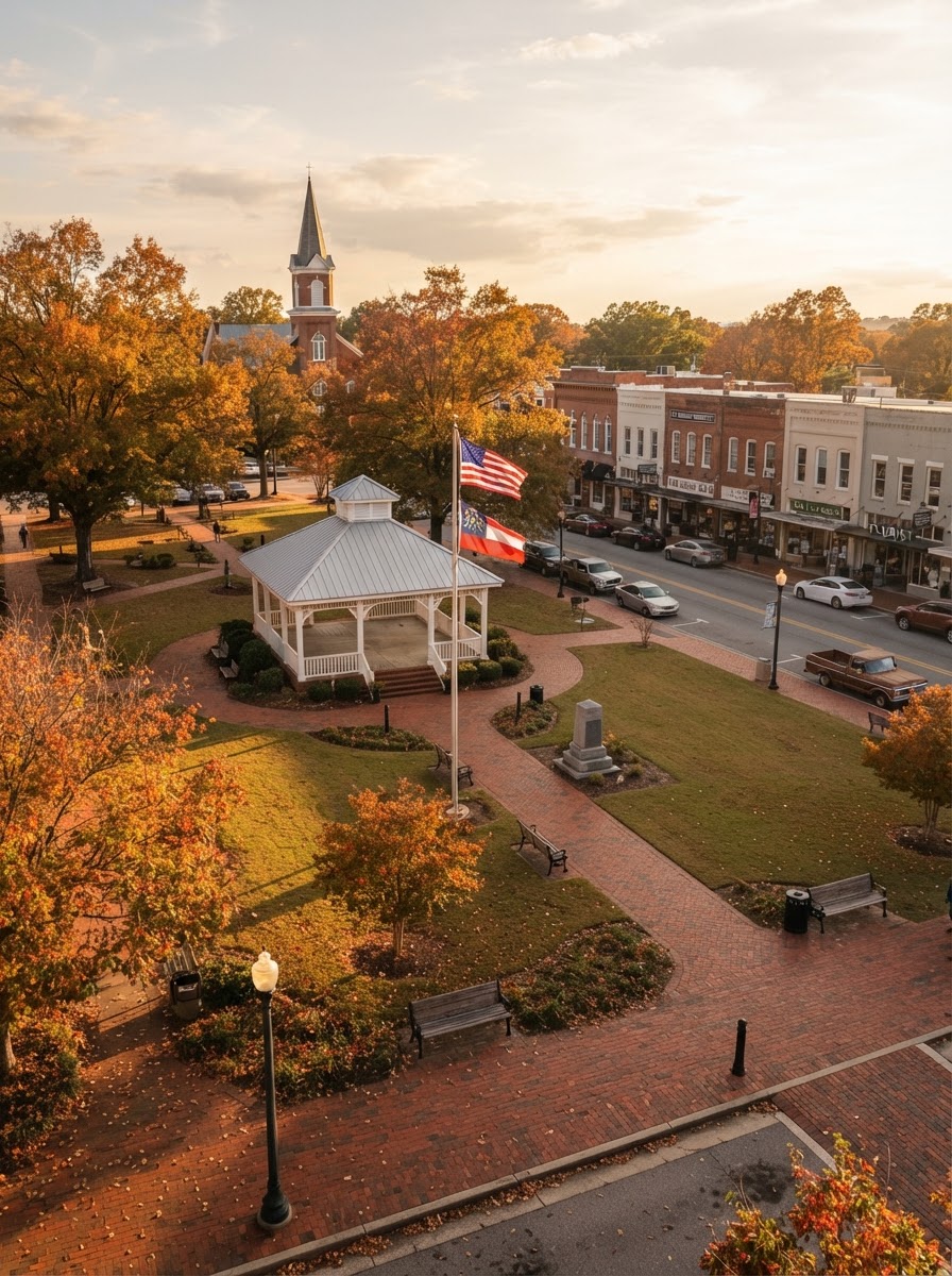 Small-town Main Street town green in Loganville Georgia in autumn with a pavilion, flag and mature shade trees