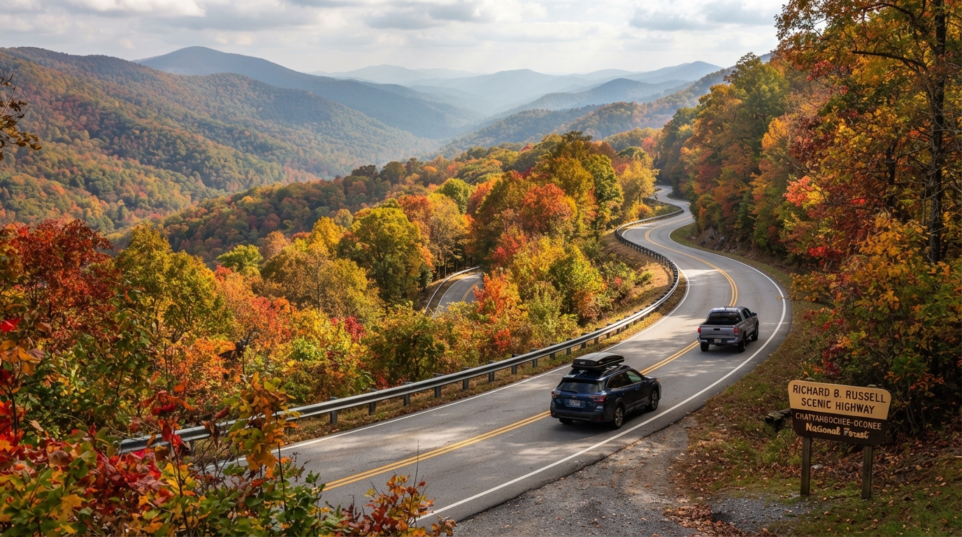 Scenic autumn drive through North Georgia foothills with winding road and vivid fall foliage