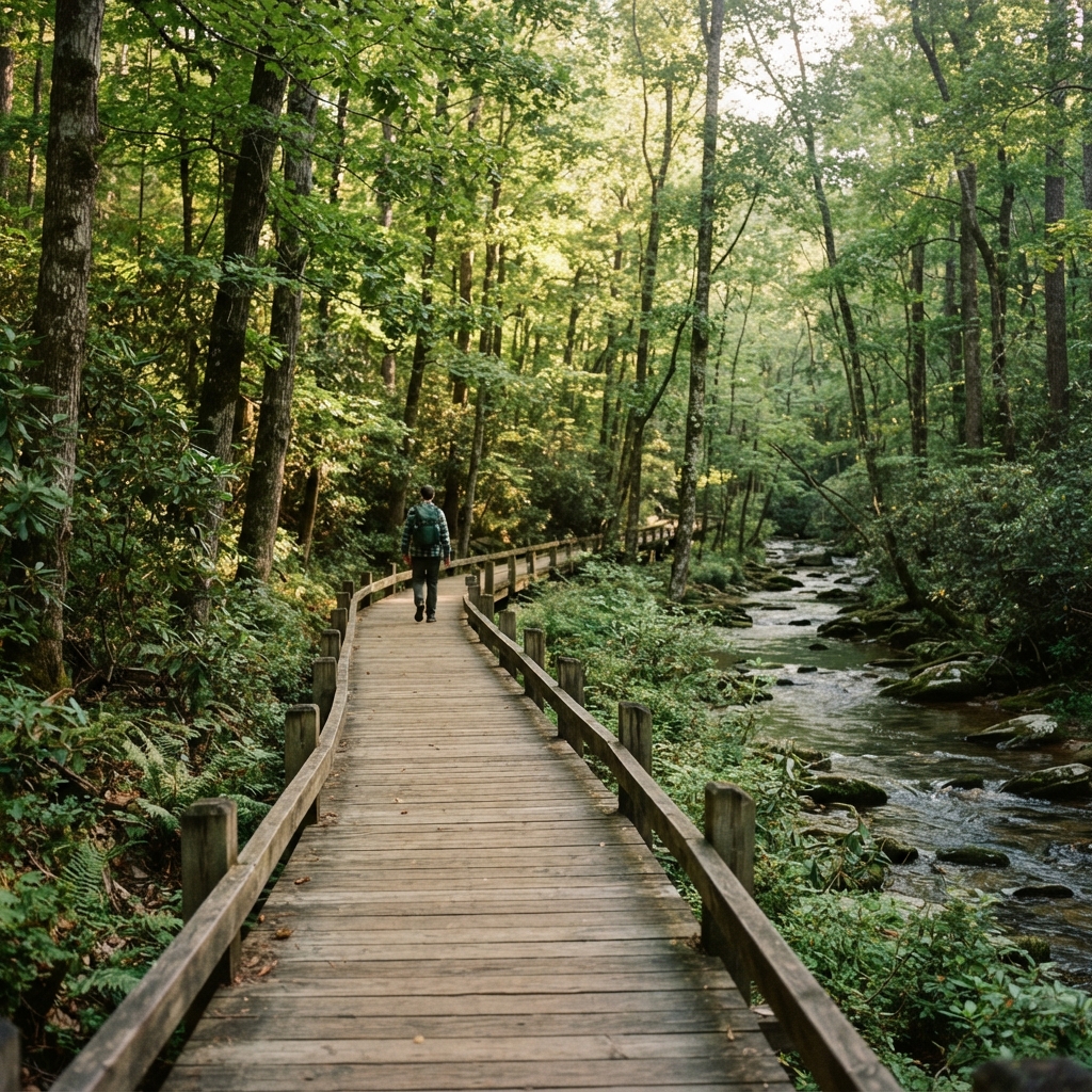 Wooden boardwalk trail through lush North Georgia forest