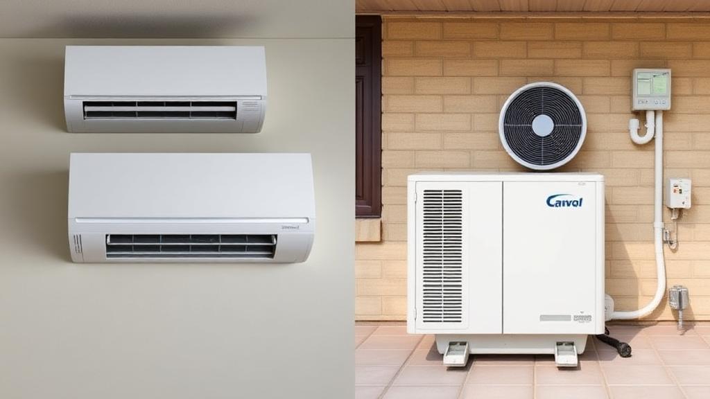 Comparison between a modern ductless mini-split system and a traditional central air conditioning unit for home cooling.