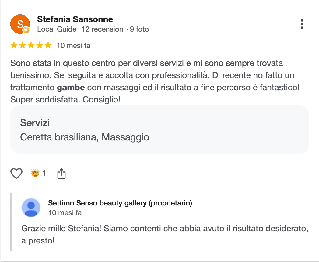 Recensione cliente 5 Settimo Senso Beauty