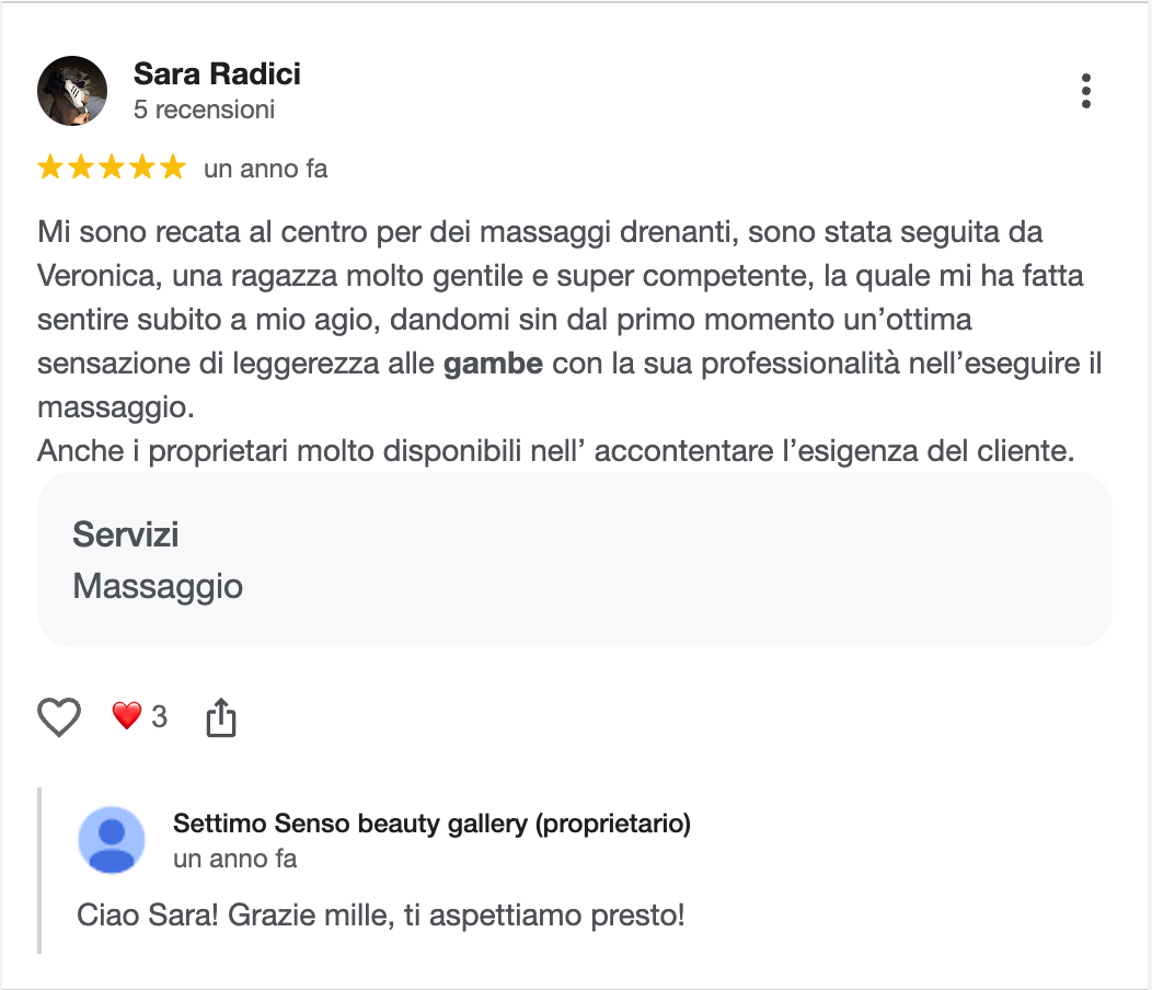 Recensione cliente 4 Settimo Senso Beauty