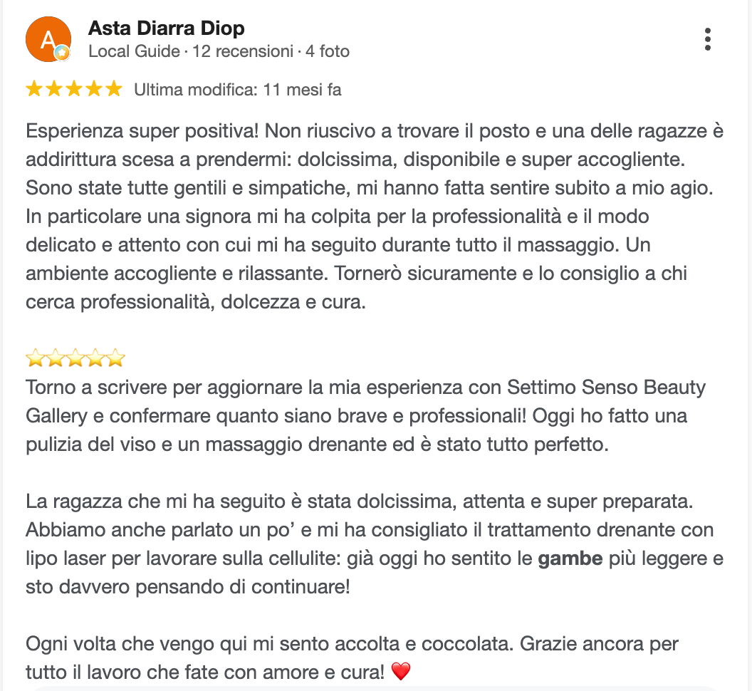 Recensione cliente 1 Settimo Senso Beauty