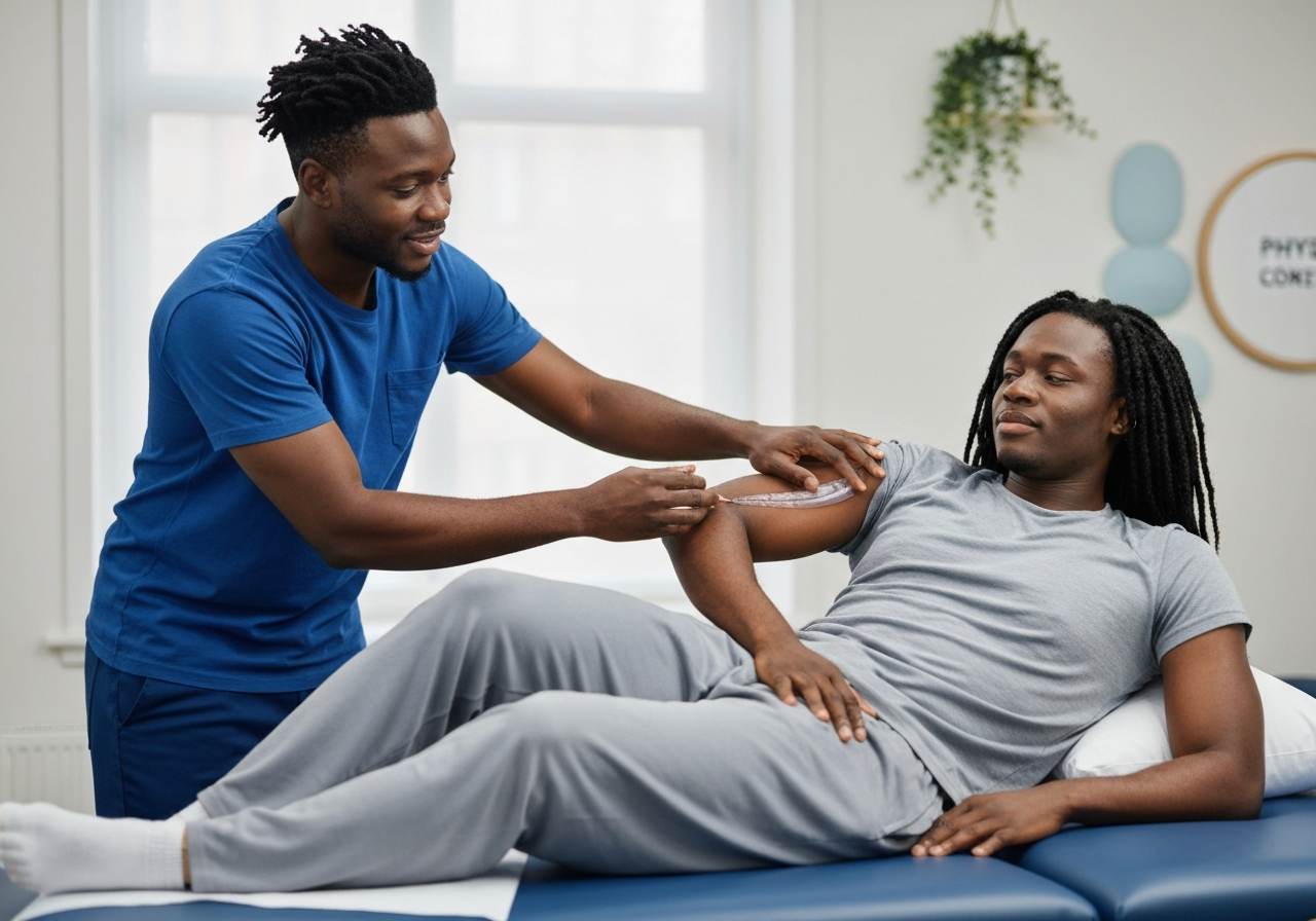 Physiotherapist demonstrating orthopedic rehabilitation exercises