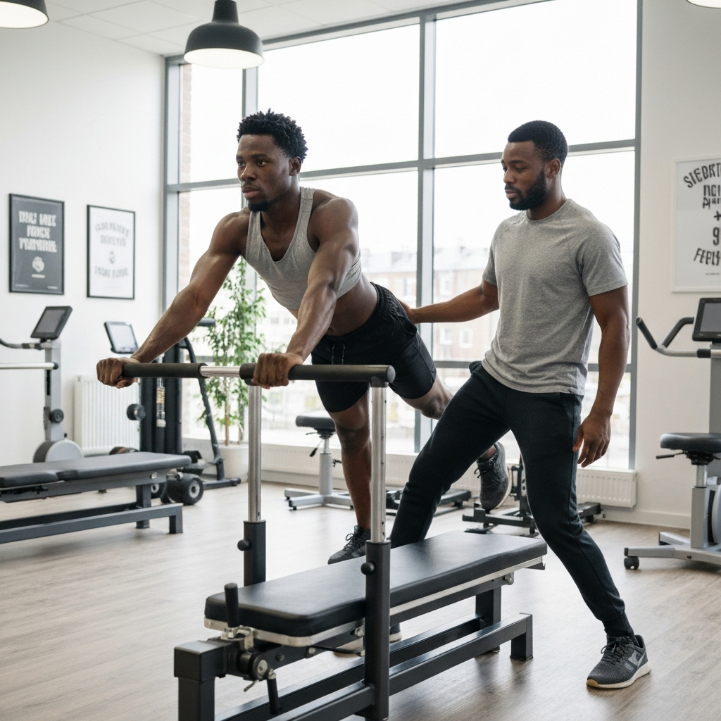 Athlete performing sports injury rehabilitation exercises