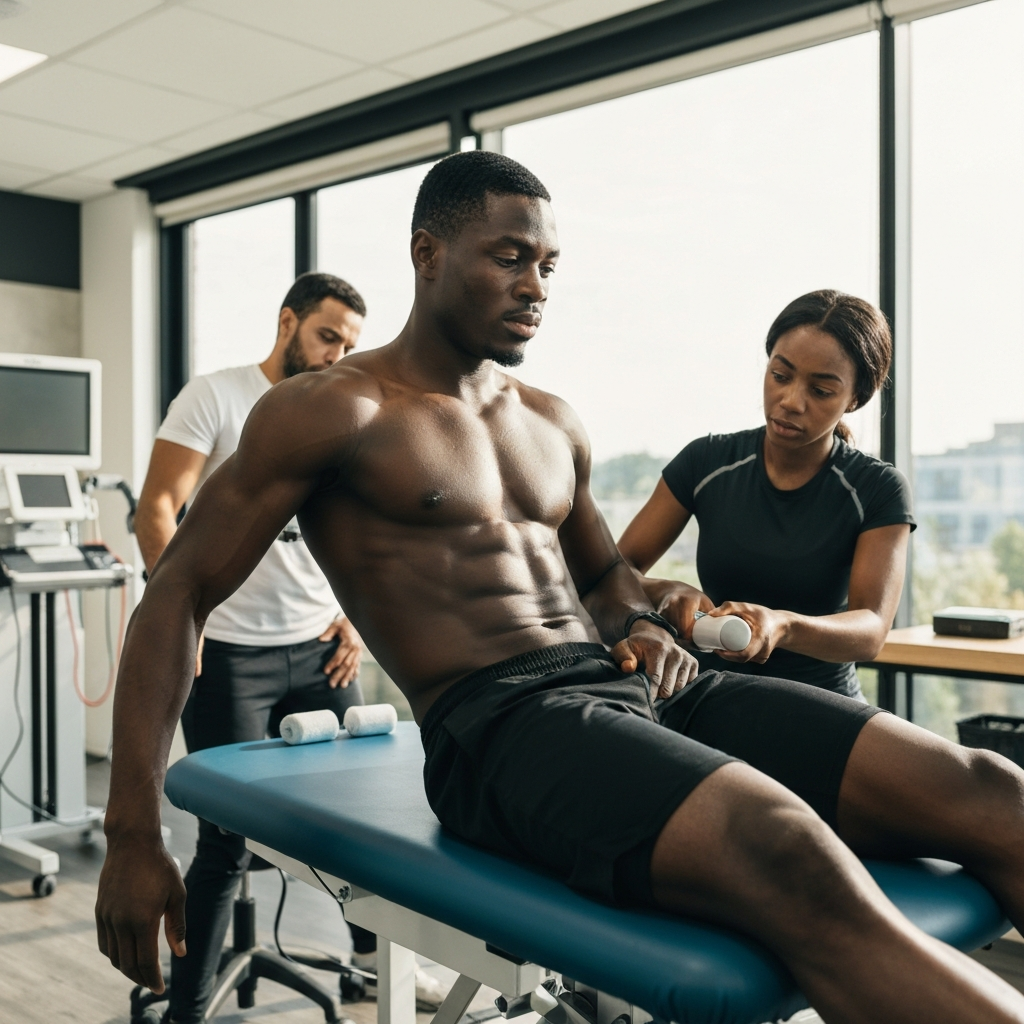 Sports physiotherapist treating an athlete's injury
