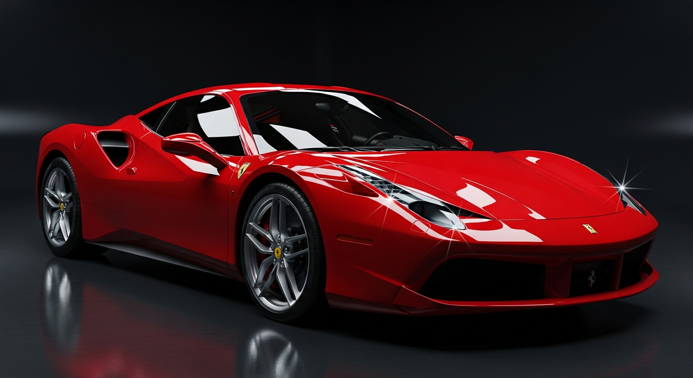 Ferrari-red exotic sports car in dark studio