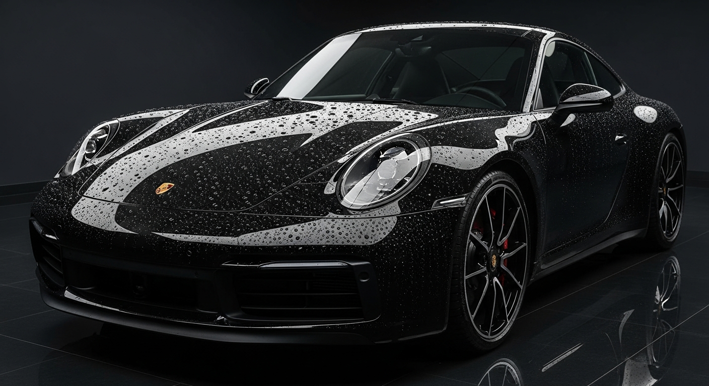 Black Porsche 911 with ceramic coating showing deep gloss reflections and water beading