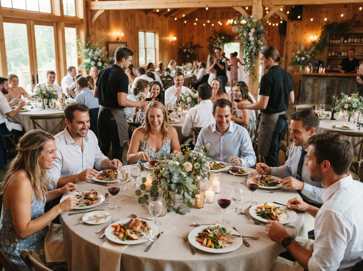 Guests dining together at a warm, casual wedding reception catered by Patricia Catering
