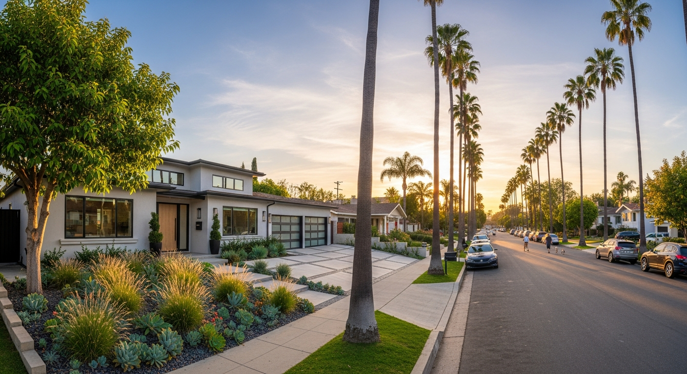 Beautiful home in Los Angeles neighborhood at golden hour