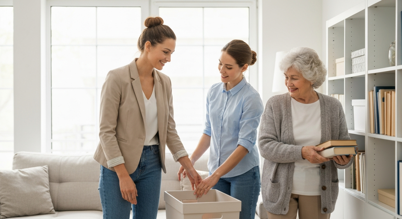 Compassionate real estate advisor helping an adult daughter and her senior parent sort belongings in a bright Los Angeles living room