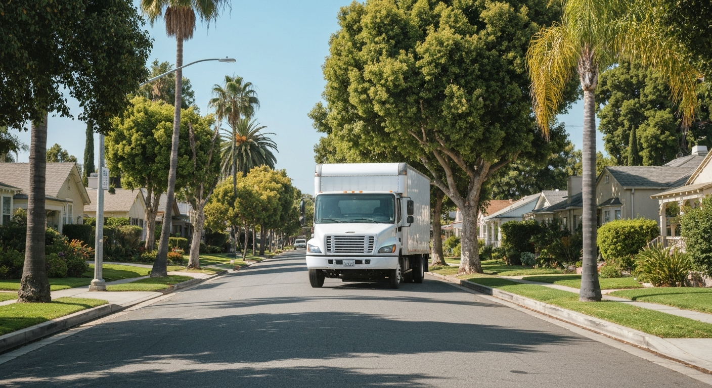 A moving truck parked on a sunny residential street in Los Angeles.