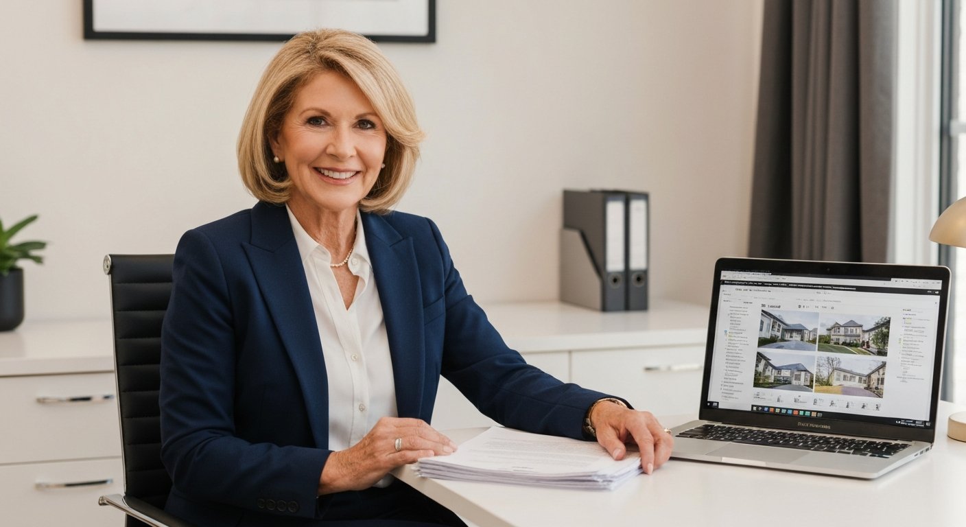 Experienced real estate agent reducing admin work with an organized desk and automated scheduling calendar on her laptop
