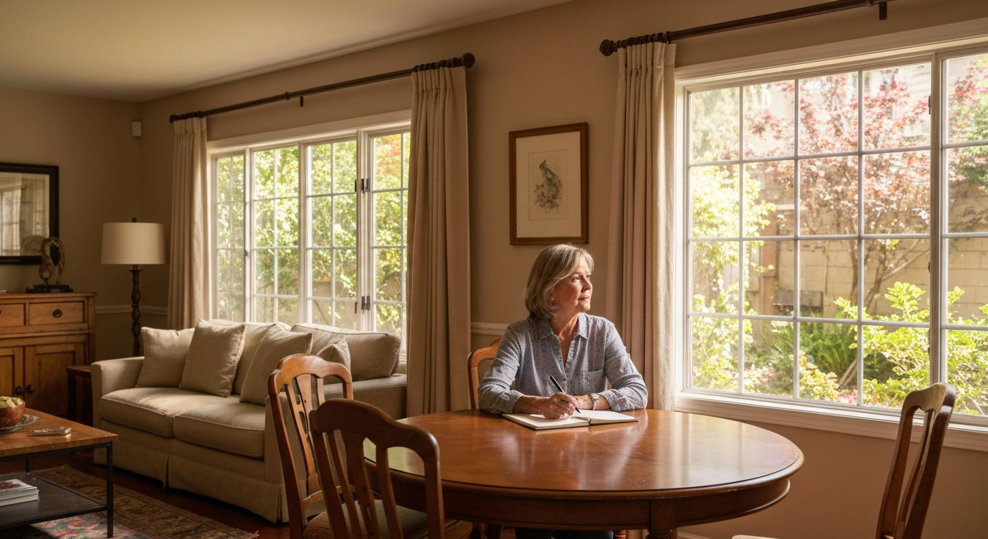 Homeowner considering whether to sell her Los Angeles home before or after her next move, planning her real estate transition at home.