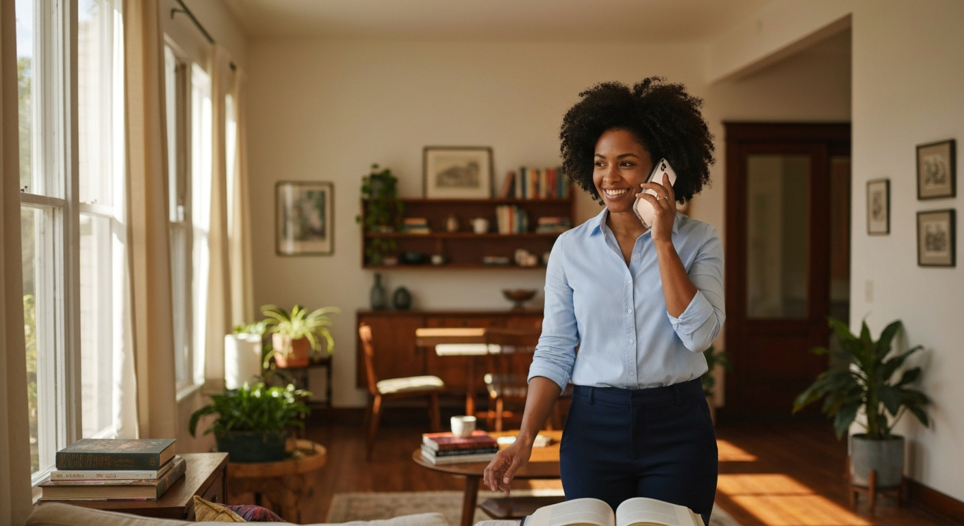 Local real estate agent coordinating tasks at a Los Angeles home, talking on the phone with out-of-state family