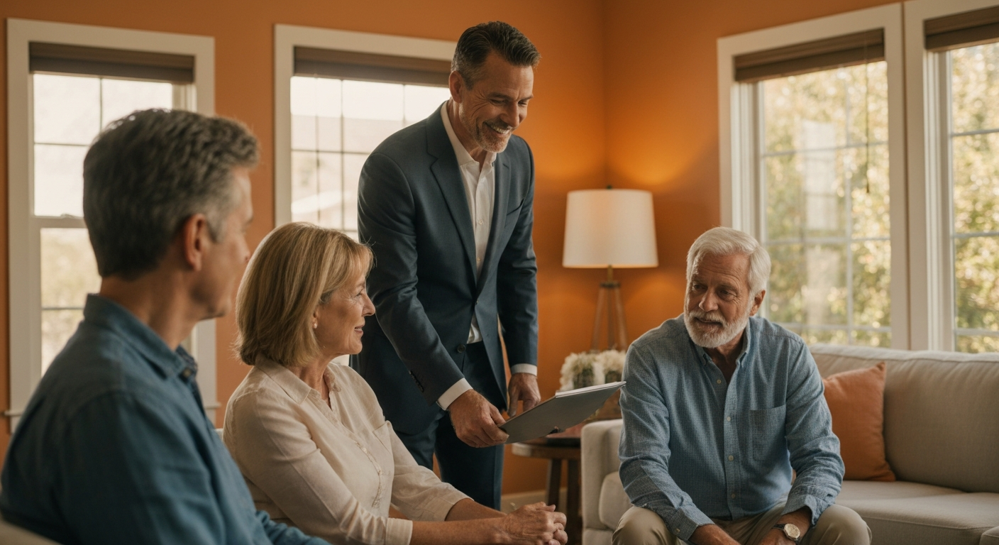 Real estate advisor consulting with a family, reviewing a list of trusted local partners in a Los Angeles home