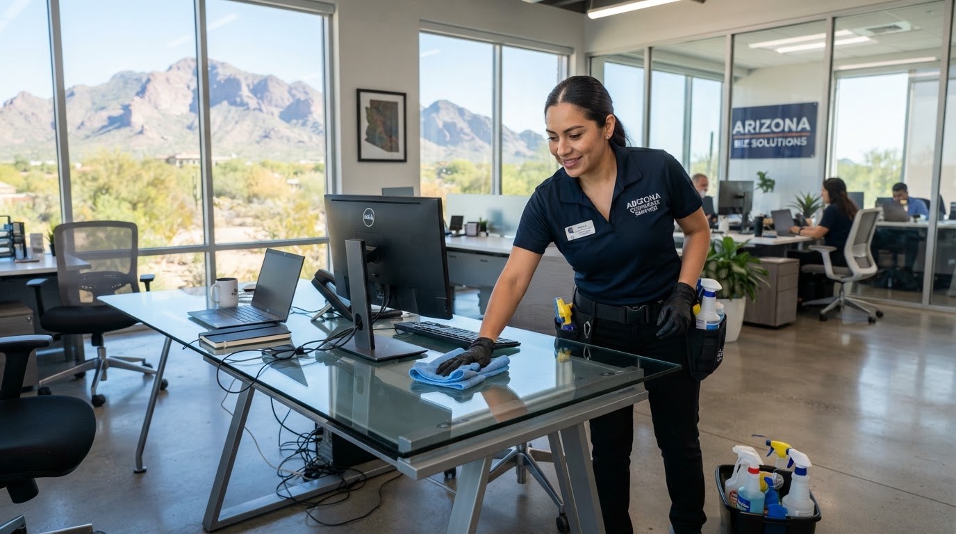Professional cleaner wiping down a bright modern office desk and equipment in a West Valley Arizona commercial office space