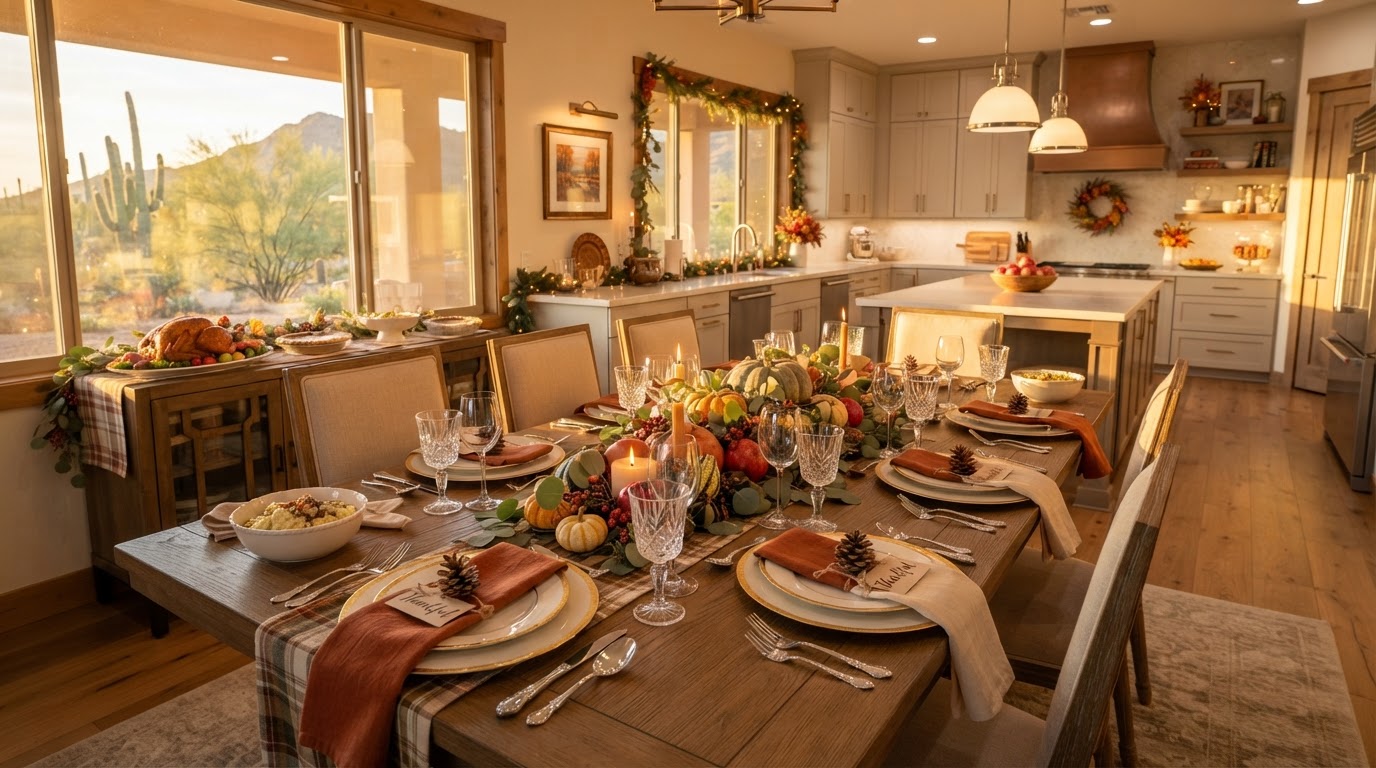 A clean, festive West Valley Arizona home dining table set for Thanksgiving holiday hosting with autumn decorations and spotless kitchen in the background