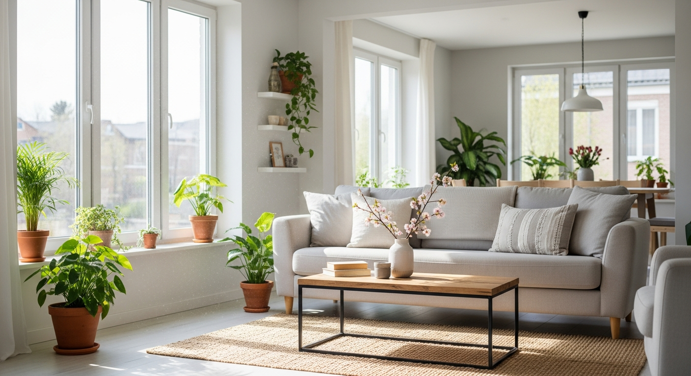 Pristine, clean living room representing eco-friendly residential cleaning